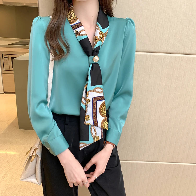 H Han Königin Frühling Chiffon Einfache Büro Dame Bluse Weibliches Hemd Bogen Tops Langarm Casual Koreanische OL Lose Blusen Frauen