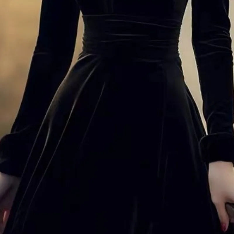 OCEANLOVE Herbst Winter Kleider für Frauen Hepburn Stil Vintage Solid Black Vestidos Mujer Stehkragen Elegante Lange Kleid