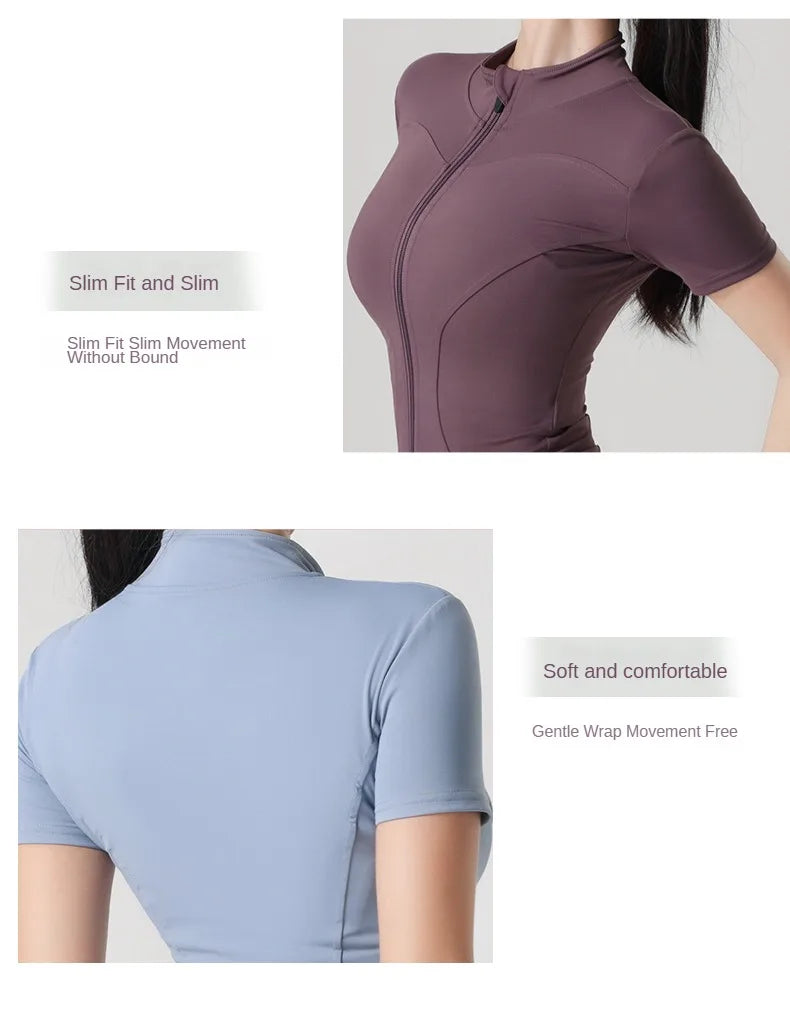 Woman yoga Jacket High Elastic Yoga Short Sleeve Coat Stand Collar Tight Sports Coat Naked Fitness Short Sleeve Female