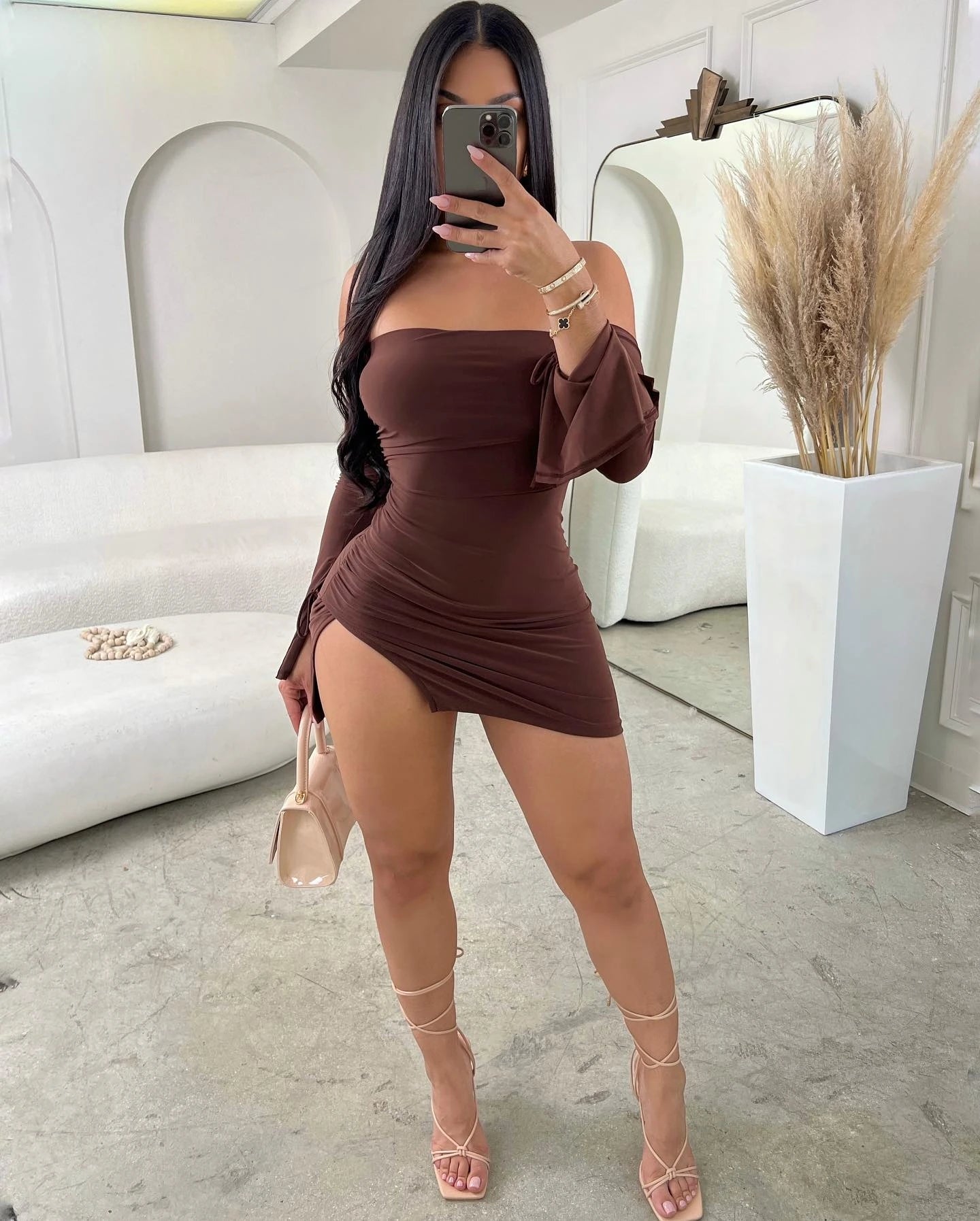 Frauen Trägerloses Rückenfreies Minikleid Für Frauen Schwarz Off-schulter Langarm Bodycon Club Party Kleid Kleidung