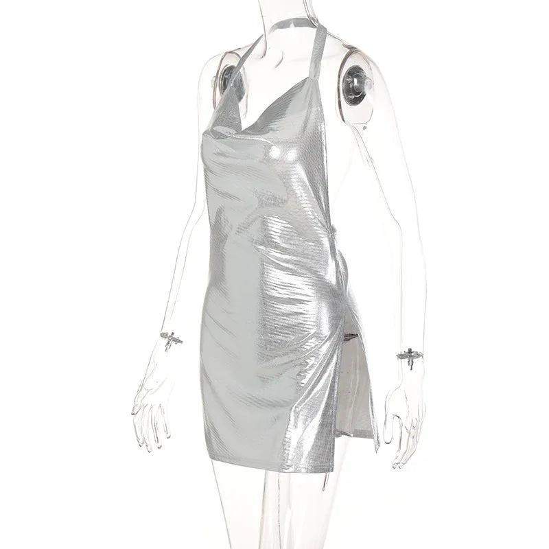 Sexy und modisches Damen-Kleid, elegant, kurz, mit hängendem Hals, rückenfrei, unten auf der Brust, Pailletten, Party-Mädchen-Tanzkleid