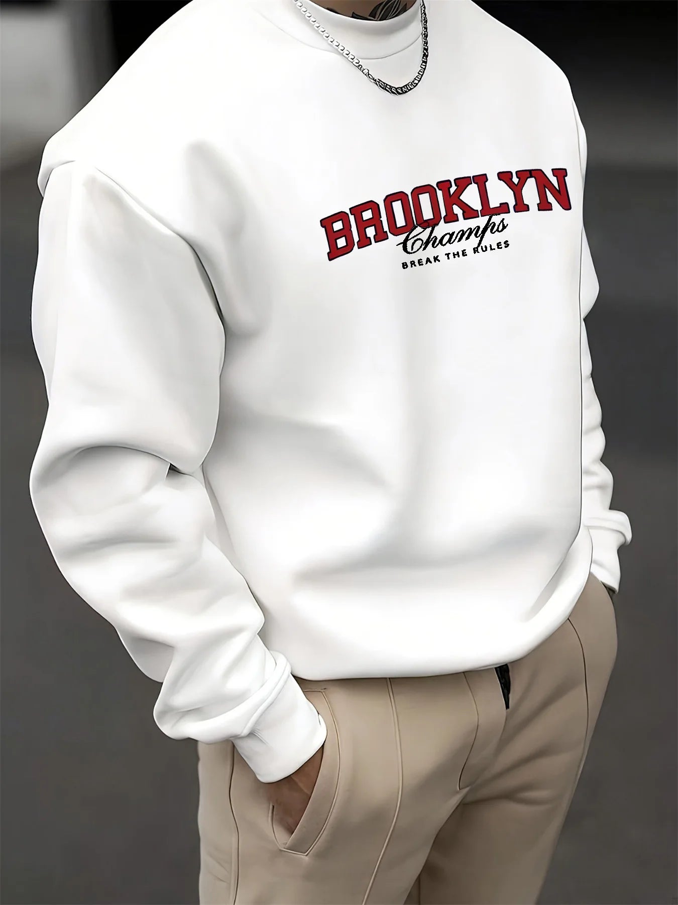 Men's autumn and winter fashionable casual loose Brooklyn letter pattern printed long sleeved round neck sweatshirt