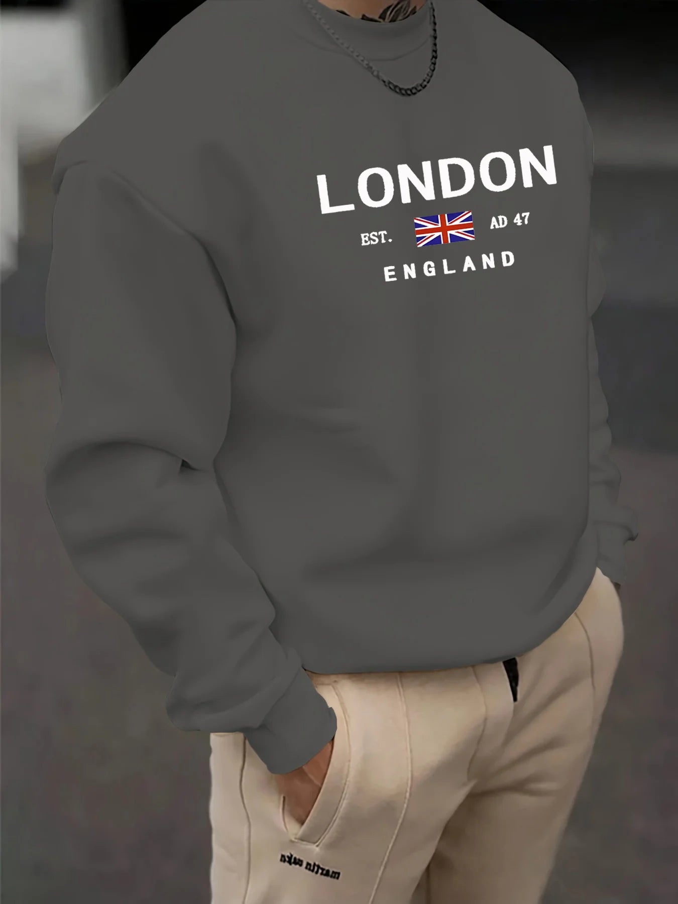 Herren-Herbst- und Wintermode, lässig, locker, London England-Muster, bedruckt, langärmelig, Rundhalsausschnitt, Sportbekleidung