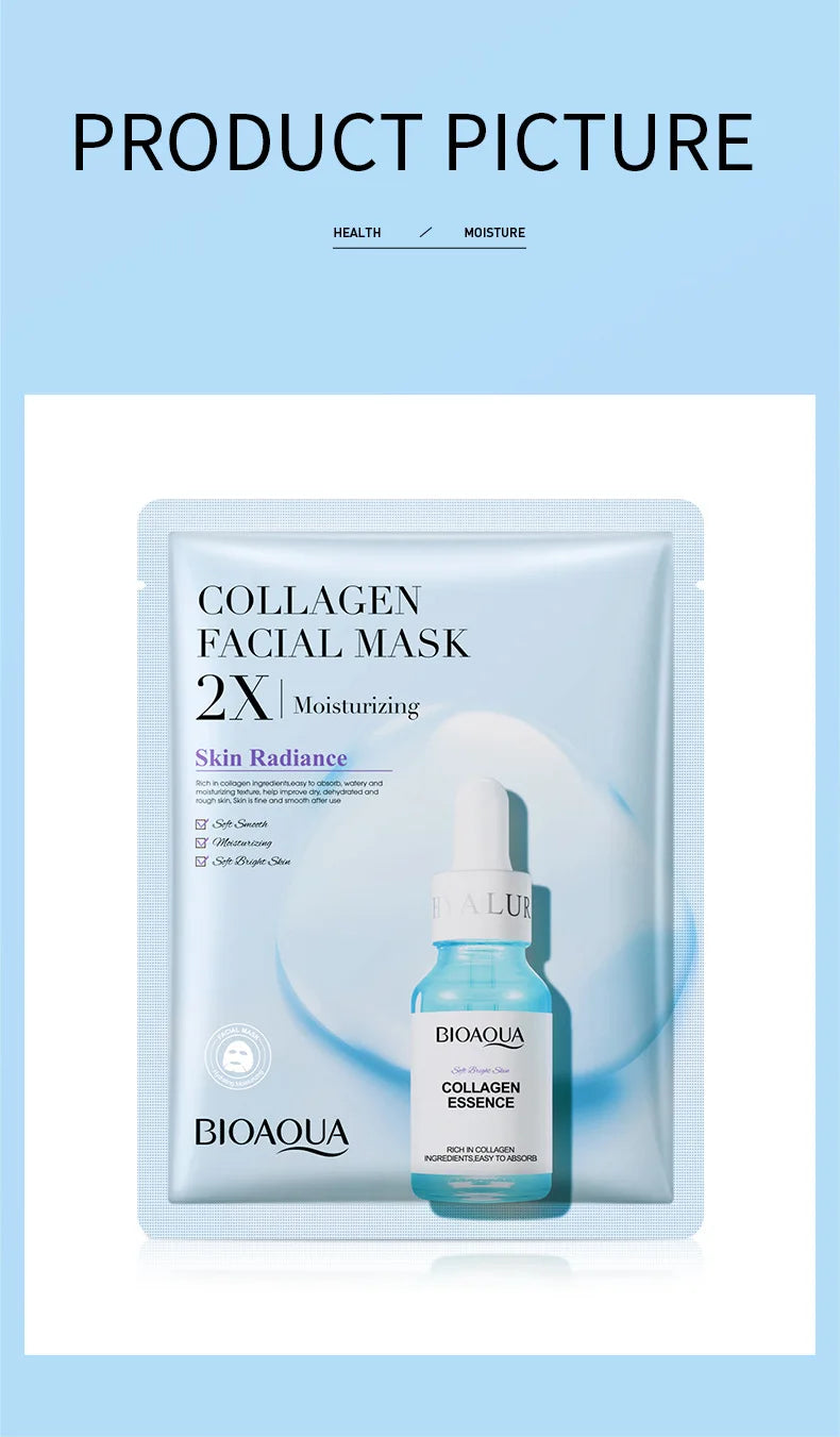 20 Stück BIOAQUA Centella Kollagen Gesichtsmaske Feuchtigkeitsspendende erfrischende Blattmasken Hyaluronsäure Gesichtsmaske Hautpflegeprodukte
