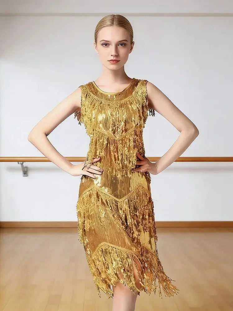 Lateinamerikanisches Salsa-Tango-Kleid für Damen mit Pailletten, Asymmetrischen Fransen, Rundhalsausschnitt und Brustmuster für Gesellschaftstanz