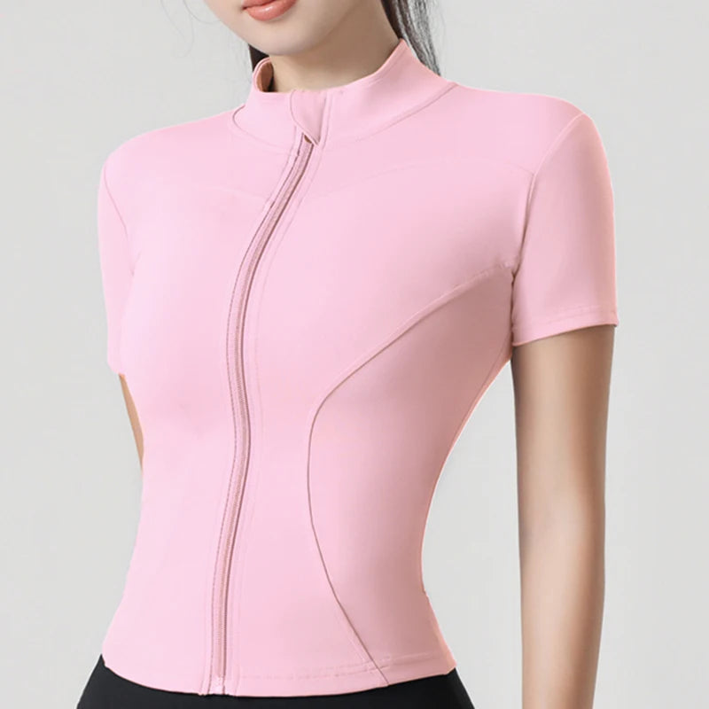 Woman yoga Jacket High Elastic Yoga Short Sleeve Coat Stand Collar Tight Sports Coat Naked Fitness Short Sleeve Female