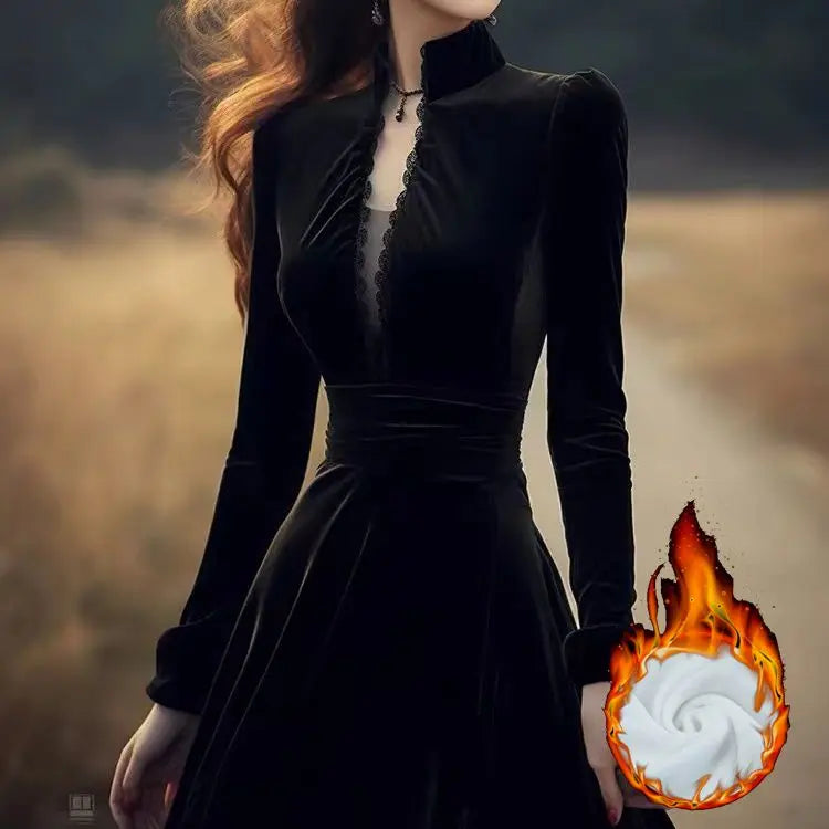 OCEANLOVE Herbst Winter Kleider für Frauen Hepburn Stil Vintage Solid Black Vestidos Mujer Stehkragen Elegante Lange Kleid