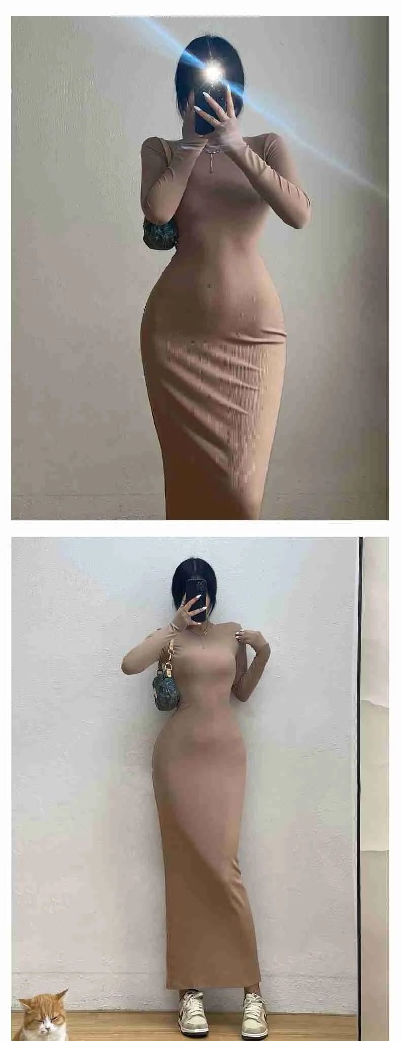 WOMENGAGA Einfache Maxi Langes Kleid Rundhals Langarm Enge Dünne Maxi Kleider Elegante Mode Koreanische Frauen Robe DEH8