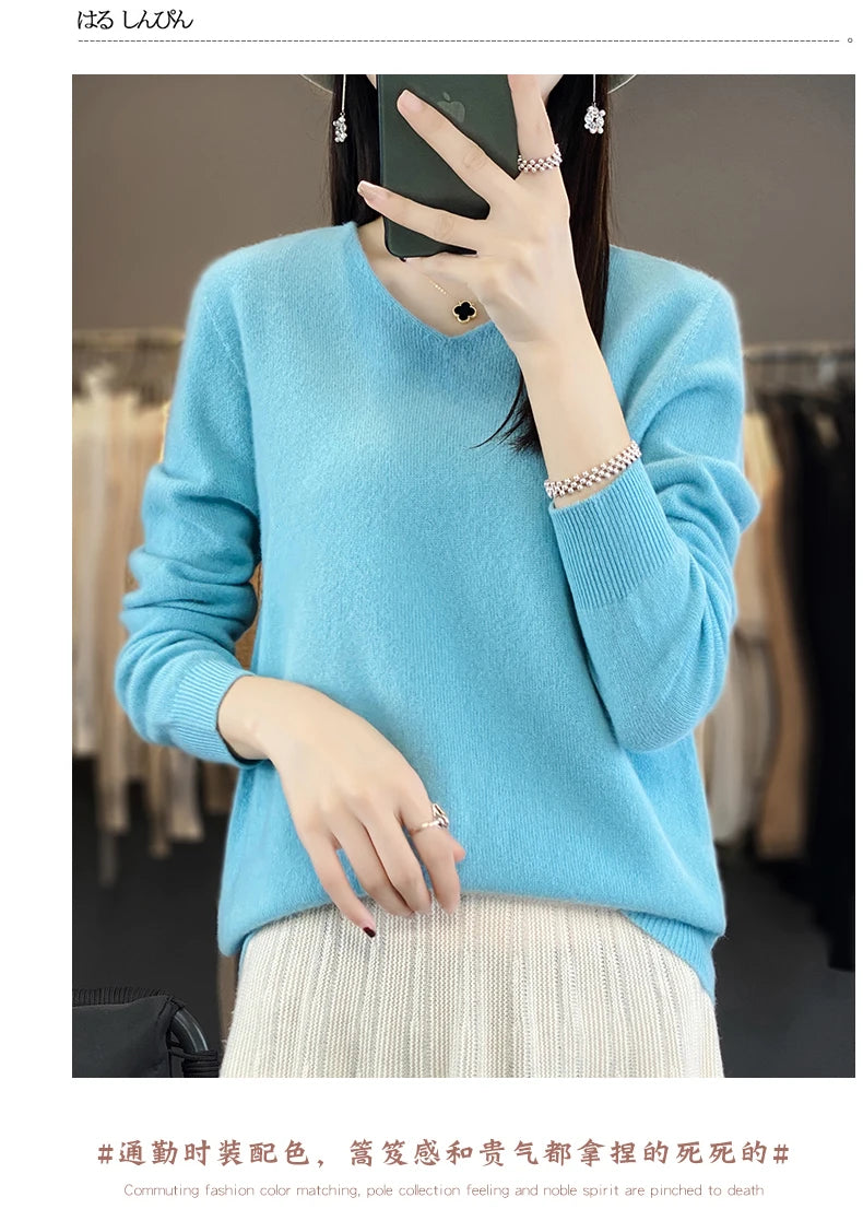 Frauen 100% Merinowolle Pullover V-Ausschnitt Basic Pullover Herbst Winter Kaschmir Kleidung Langarm weiche Strickwaren Tops einfarbig