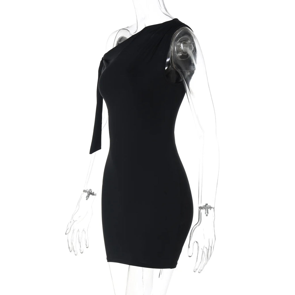 Talenza Schwarz Eine Schulter Mini Kleid Mode Heiße Mädchen Sexy Ärmellose Patchwork Bandage Kurze Kleider Frauen Neue Enge Kleider