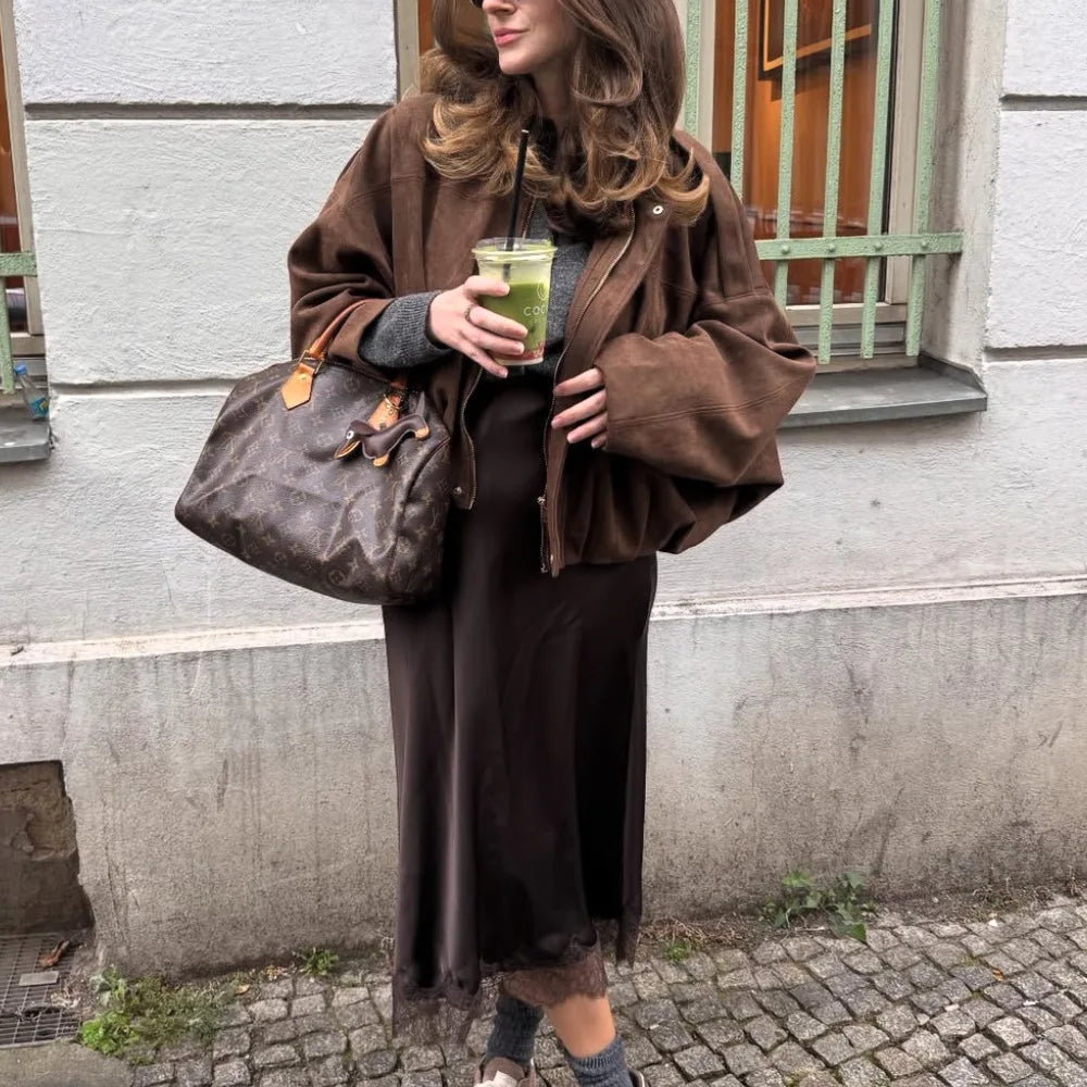 Wildlederjacke im Retro-Stil, Reißverschlusskragen, Oberbekleidung für Damen, mittlere Dicke, lange Ärmel, Street Fashion, lockere Passform, Herbst und Winter