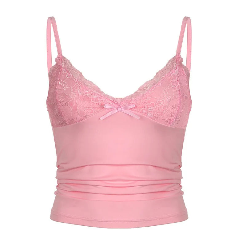 Sexy Träger-Tanktops mit Spitze, neue modische ärmellose V-Ausschnitt Y2K Vintage Hot Girl Crop Tops, lässige Streetwear, schmal geschnittene schicke T-Shirts