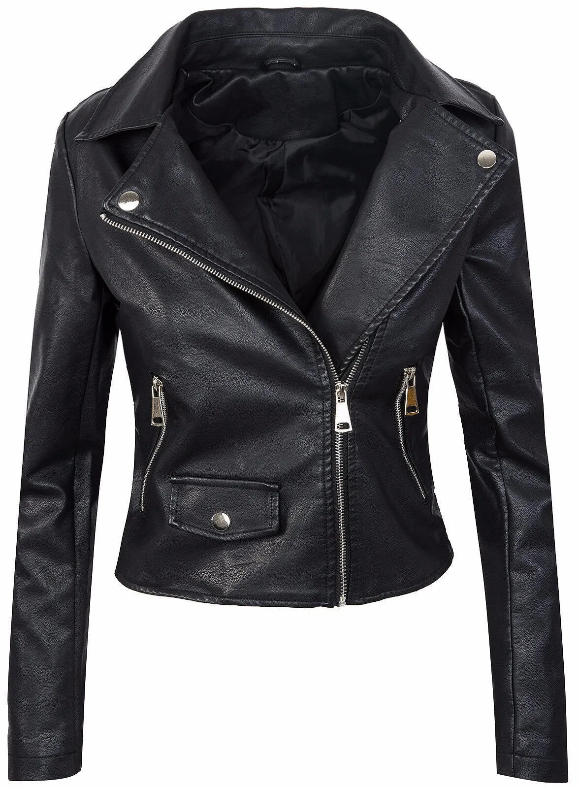 Slim Fit Short Zipper PU Leather Jacket Women's Solid Color Outerwear Autumn Winter Street Style Comfortable Casual Fashion