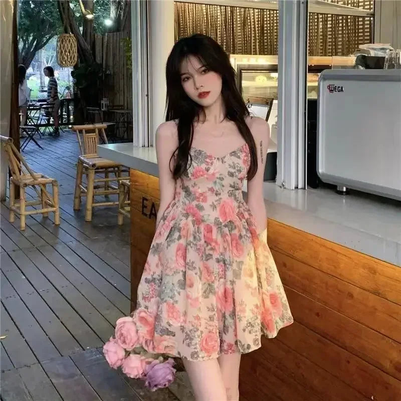 Elegantes, hoch tailliertes, schlankes, florales Tank kleid für Frauen im Frühling und Sommer im französischen Stil