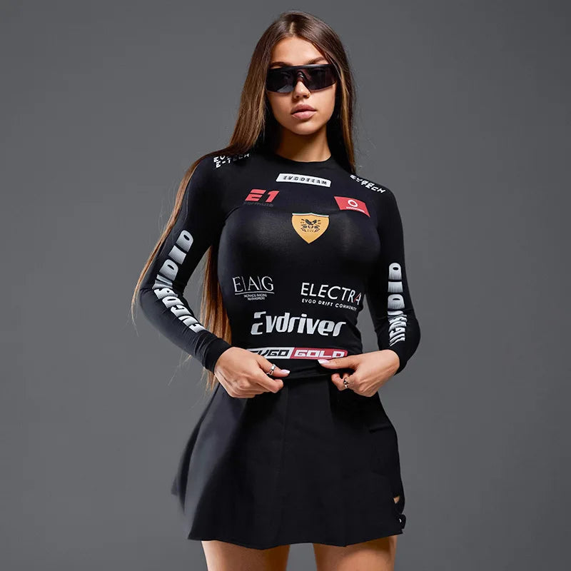 Oshfall European and American hot girls 2024 autumn new motorcycle style letter print round neck long sleeve slim women's tops
