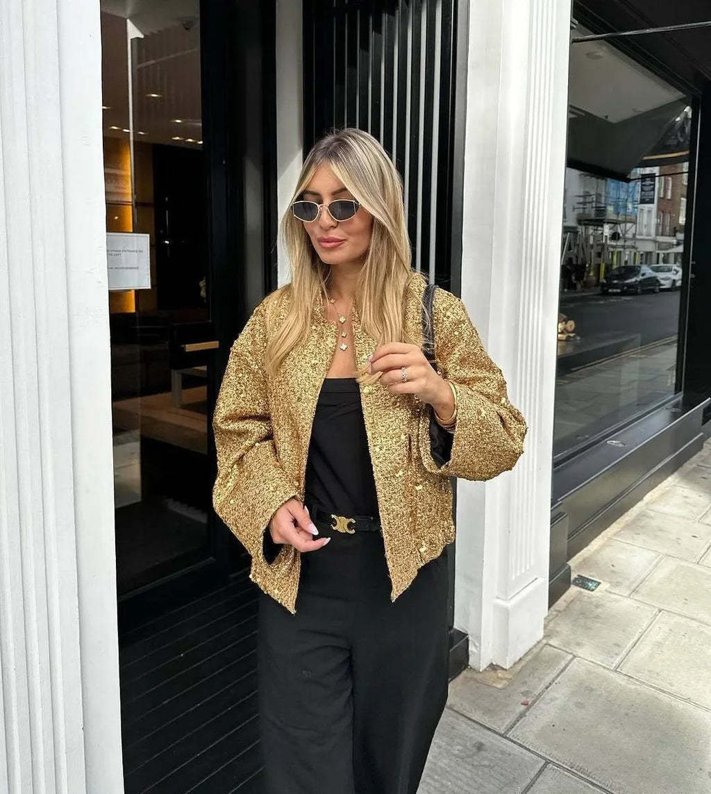 Damen Pailletten Bomber jacke fallen neue Rundhals ausschnitt Langarm Tasche Stretch Saum Pailletten Jacke Mantel weibliche schicke Oberbekleidung