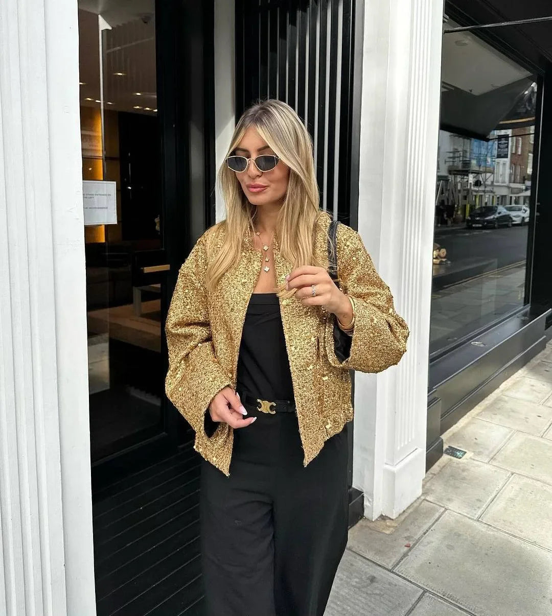 Damen Pailletten Bomber jacke fallen neue Rundhals ausschnitt Langarm Tasche Stretch Saum Pailletten Jacke Mantel weibliche schicke Oberbekleidung