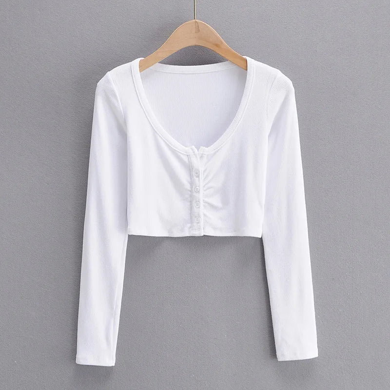 sommer Sexy Frauen Crop Tops Langarm T-shirt Clubwear Tasten Solide T Shirt Frauen Schwarz Weiß Schlank Tops