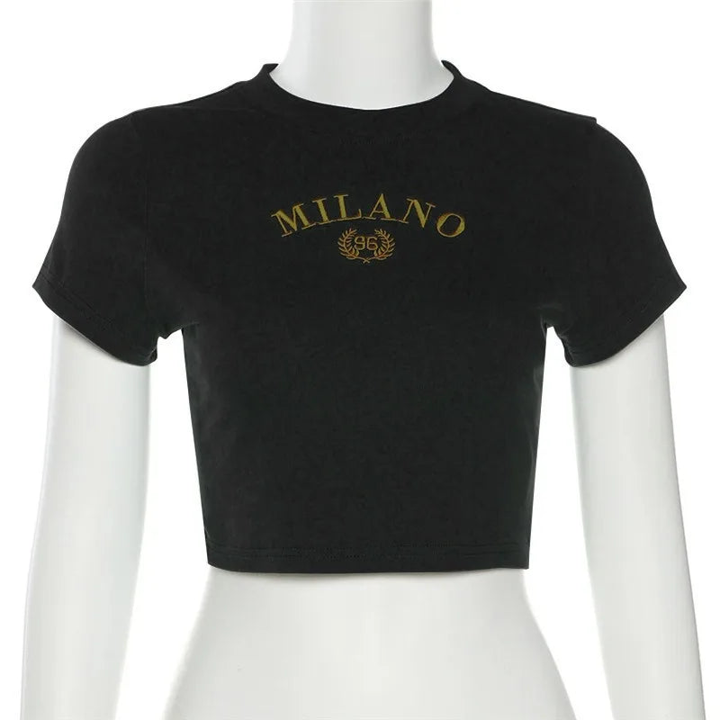 Women's T-shirt Clothese Short Sleeve Black Crop Top Harajuku Letter Embroidery T Shirt Female Summer Sexy O-Neck Cropped Tops