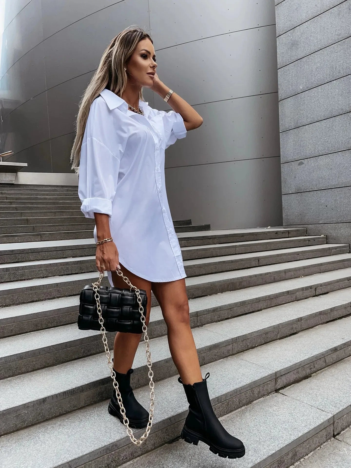 Einfarbiges Hemdkleid mit Knopfleiste vorne für Damen – lässiges, langärmliges Reverskleid für Frühling und Herbst