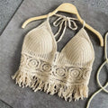 Boho Häkel-Neckholder-Top für Damen, Sommer-Strand-Strick-Crop-Top mit Quasten, rückenfrei, ärmellos, Bralette