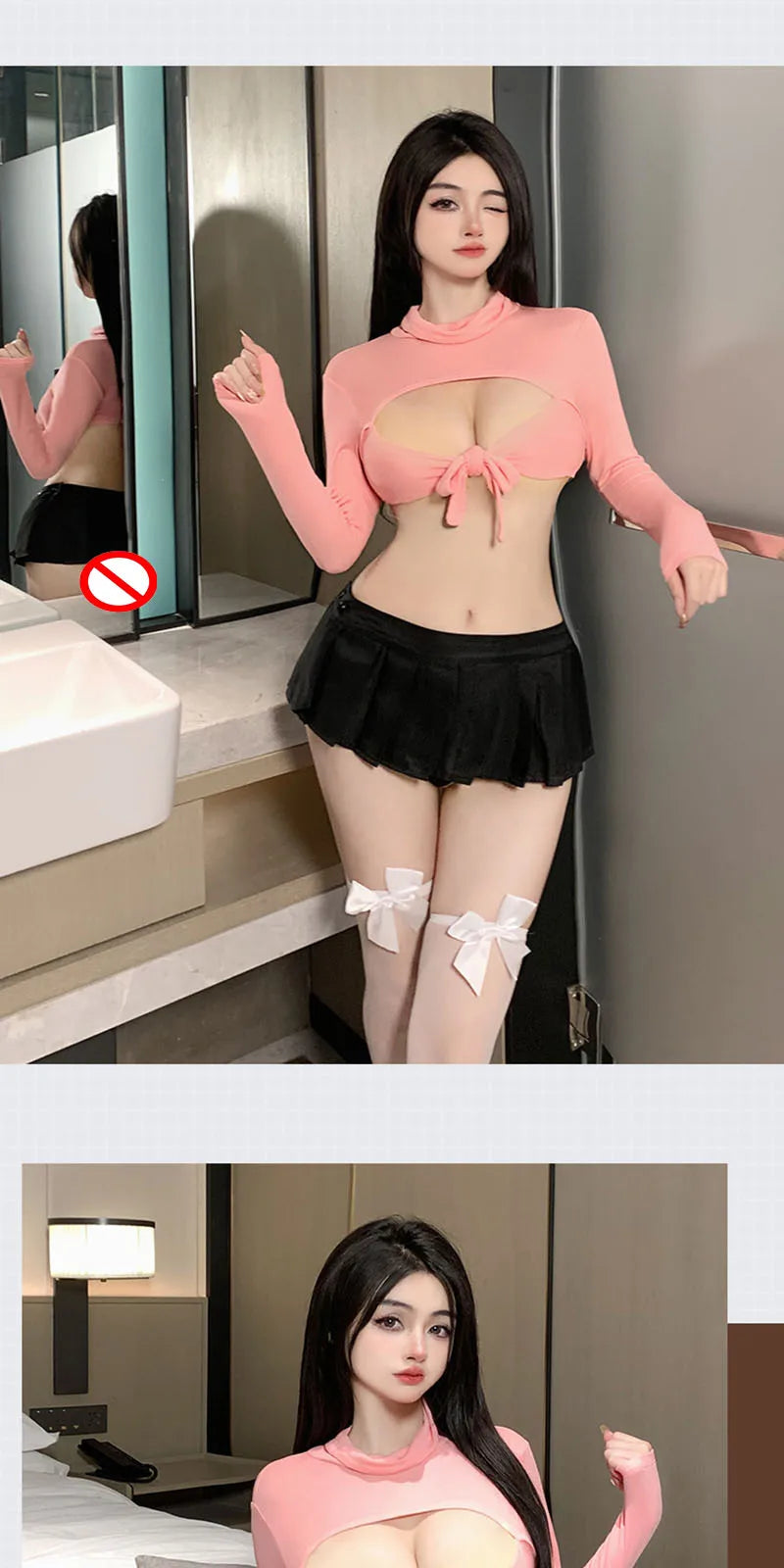 Sommer Damen 2026 Sexy High Neck Lace Up Hollow Solid Color Top Spicy Girl Plissee Temptation Cute Mini Skirt Bow Cosplay Sets