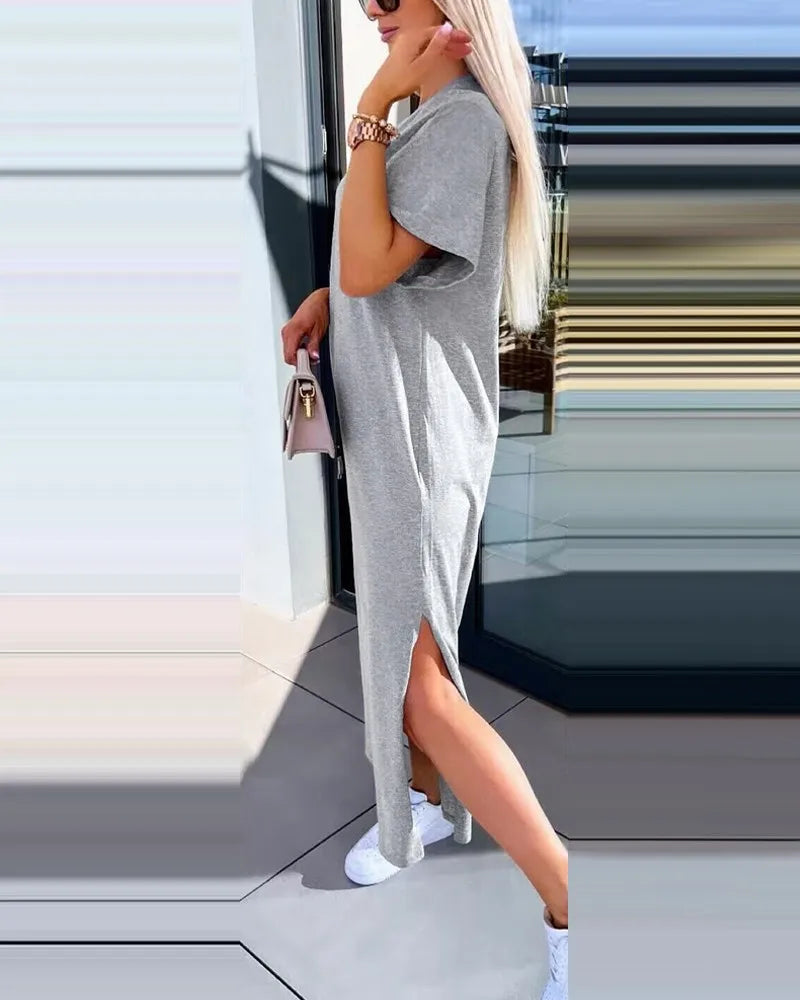 Fashion Simple O Neck Short Sleeve Solid Dress For Women New 2024 Summer Casual Loose Comfortable Split Long Dress Robe Femme