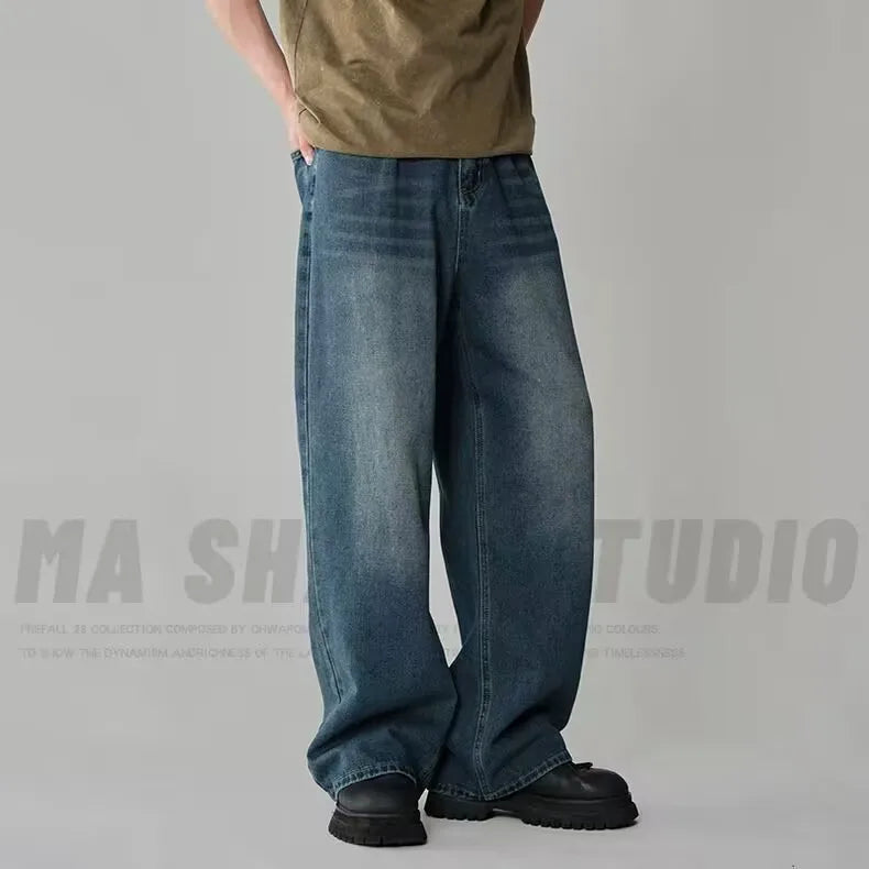 Frühling Herbst männer Neue Denim Hosen Alte Blau Gewaschen Casual Jeans Menwear Lose Neue Mode kontrast farbe Breite Bein Hosen
