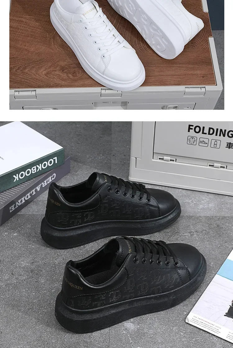 2025, neue Herrenschuhe, Frühling und Herbst, flache Sohlen, lässige Lederschuhe, Sportschuhe, schwarze und weiße Herren-Schuhe mit dicken Sohlen, atmungsaktiv