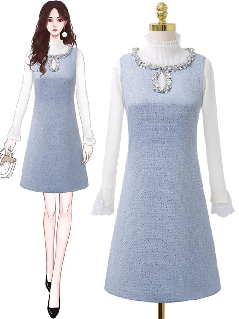 BESTBAFU Luxus Pailletten Kleine Duft Tweed Weste Kleid Frauen Herbst Winter Elegante Ärmellose Woolen A-Line Party Kleider 625P