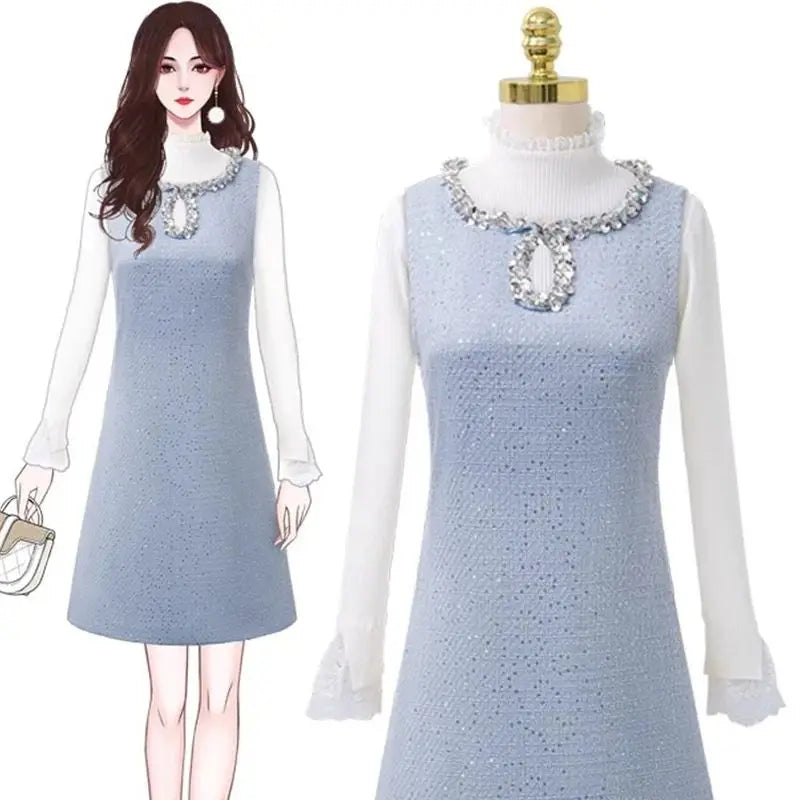 BESTBAFU Luxus Pailletten Kleine Duft Tweed Weste Kleid Frauen Herbst Winter Elegante Ärmellose Woolen A-Line Party Kleider 625P