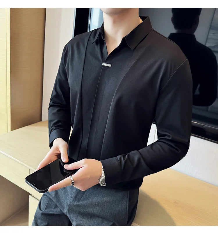 Men Long Sleeved Polo Shirt 2024 Autumn British Style Solid Casual Elastic Slim Fit T-shirt Formal Dress Polo Shirt Men Clothing