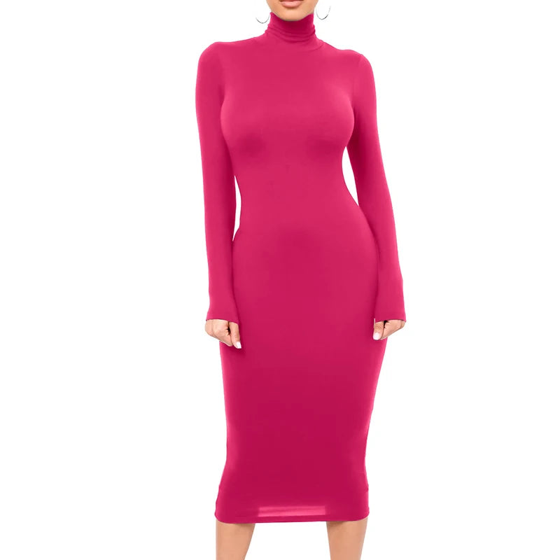 Winter Schwarz Rollkragen Sexy Frauen Kleid Herbst Langarm Dünne Midi Boydcon Casual Blau Plüsch Knie-Länge Party