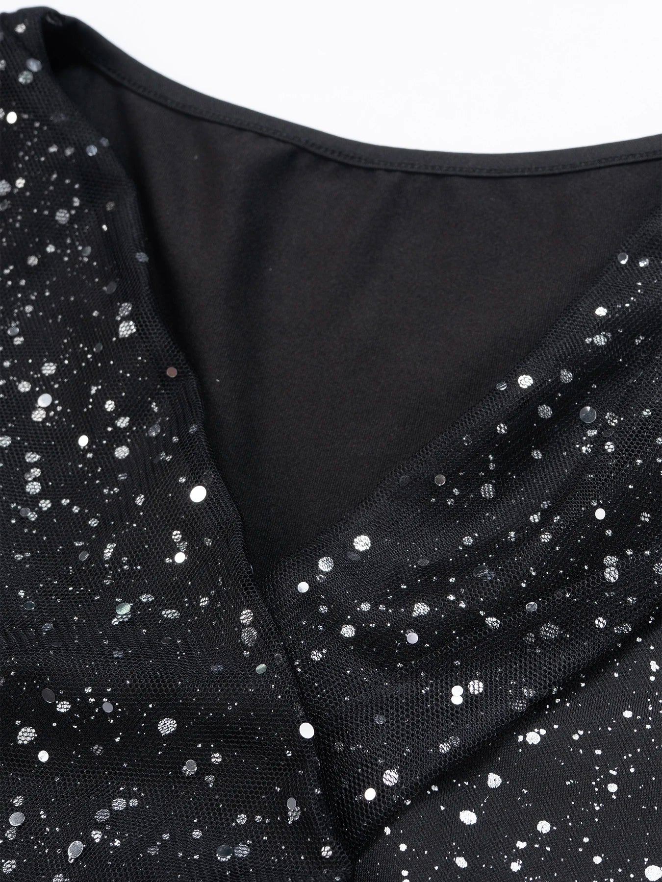Damen Schwarzes Pailletten-Meerjungfrauenkleid V-Ausschnitt Transparentes Netzstoff Puffärmel Rüschen Schlitz Elegantes Sexy Frühling Sommer Party Maxikleid