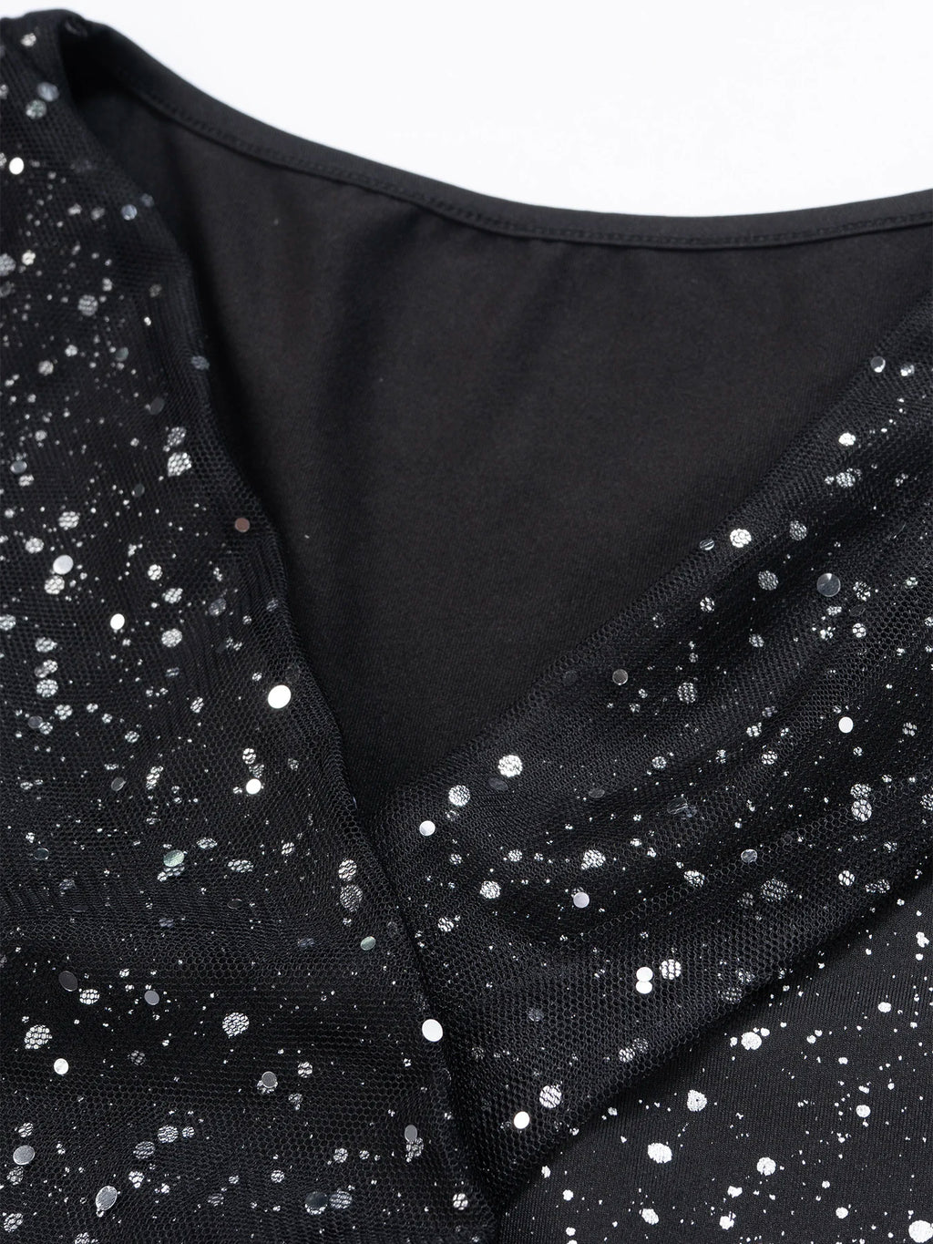 Damen Schwarzes Pailletten-Meerjungfrauenkleid V-Ausschnitt Transparentes Netzstoff Puffärmel Rüschen Schlitz Elegantes Sexy Frühling Sommer Party Maxikleid