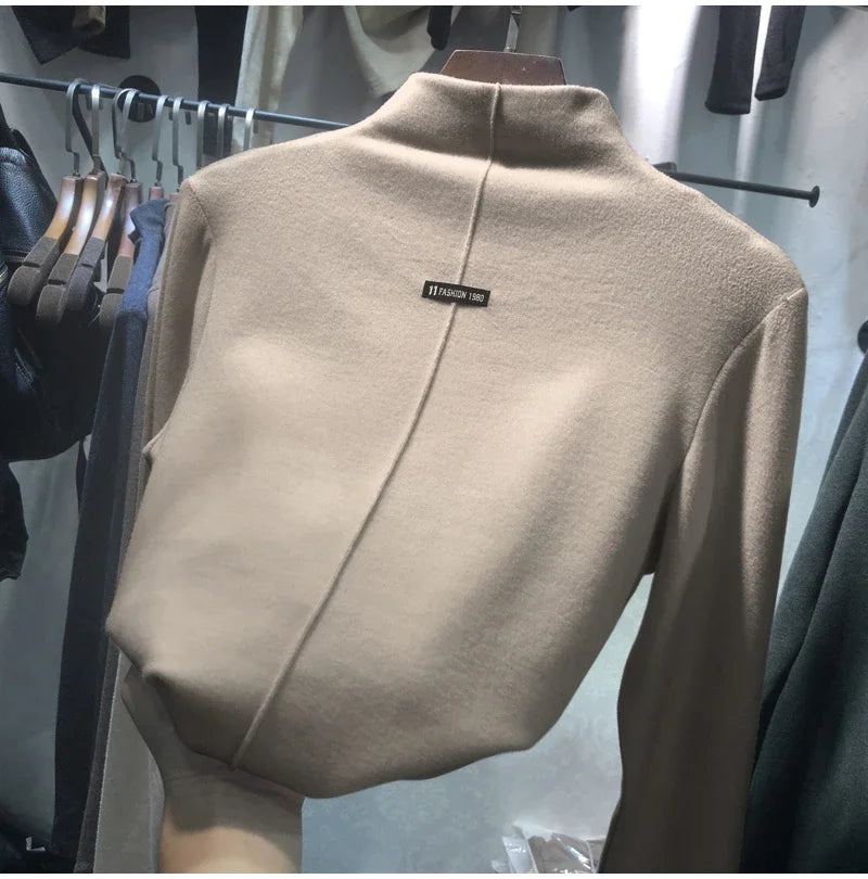 Harajuku half turtleneck Casual slim fleece Thick bottoming T-shirt autumn winter velvet Long Sleeve solid T Shirt Women y2k Top