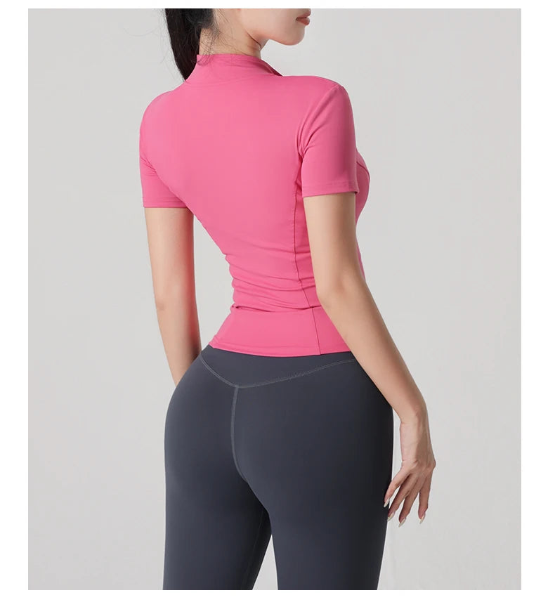 Woman yoga Jacket High Elastic Yoga Short Sleeve Coat Stand Collar Tight Sports Coat Naked Fitness Short Sleeve Female