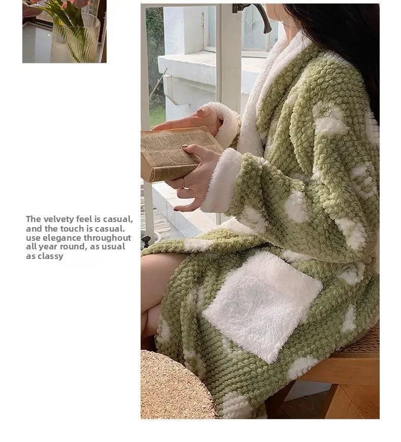 Verdickte Korallen Fleece Robe frauen V-ausschnitt Gürtel Langarm Mid-länge Süße Stil Warme Hause Kleidung Winter Saison