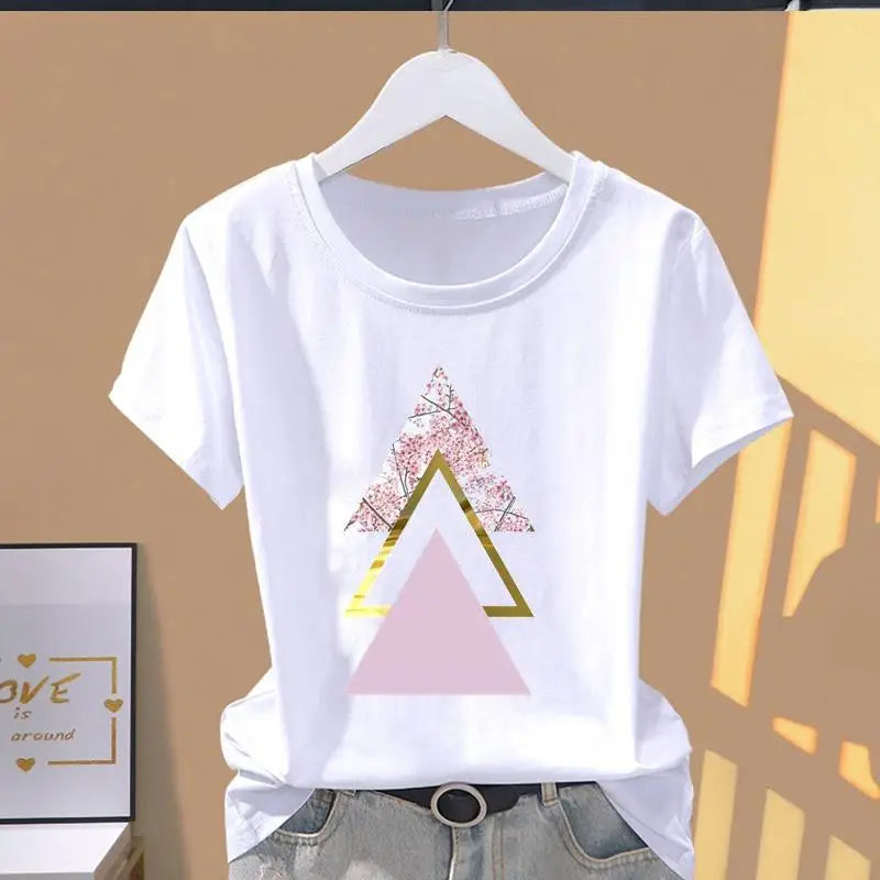 Klassisches, meistverkauftes, rosa, trapezförmig gemustertes, bedrucktes Damen-T-Shirt mit Rundhalsausschnitt und kurzen Ärmeln, modisches, sportliches Sommer-Modal-T-Shirt.