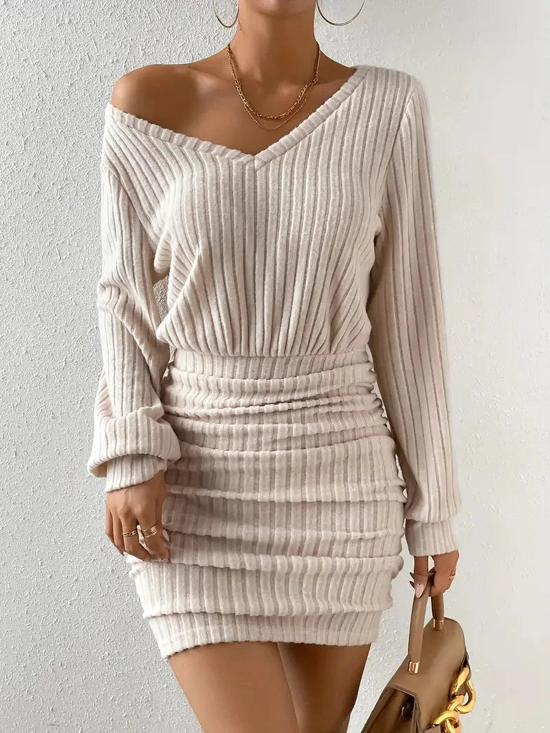 Frauen Herbst Winter Gestrickte Pullover Mini Kleid Weibliche Casual Solide Wrap V-ausschnitt Langarm Warme Bodycon Kurze Kleider Robe
