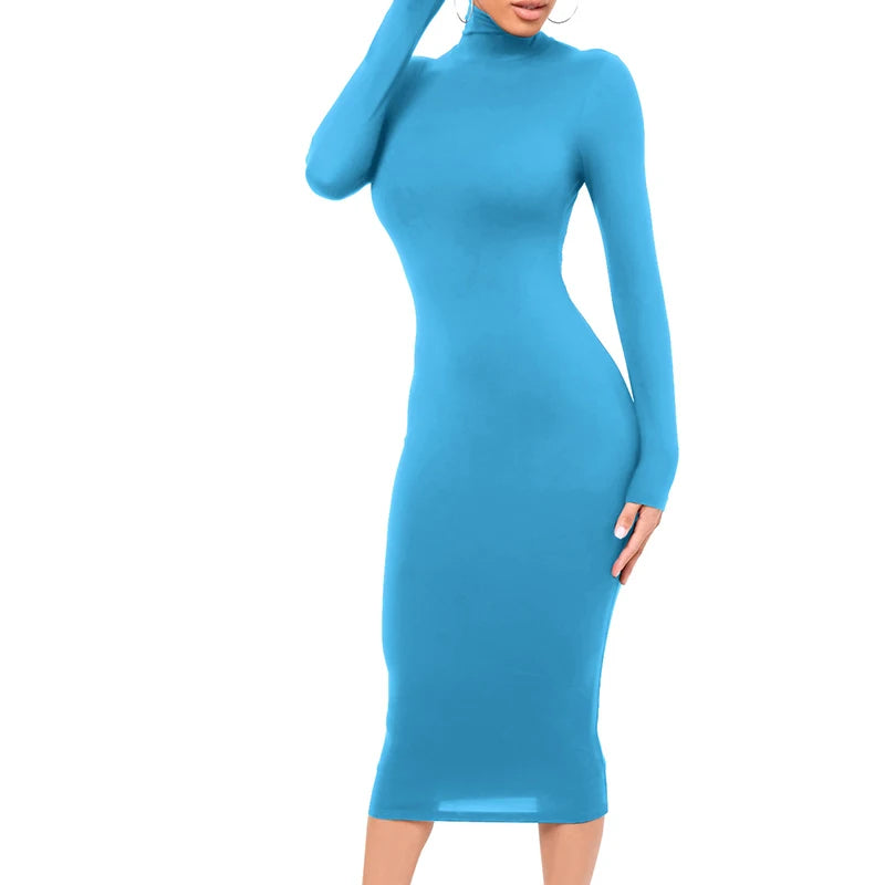 Winter Schwarz Rollkragen Sexy Frauen Kleid Herbst Langarm Dünne Midi Boydcon Casual Blau Plüsch Knie-Länge Party