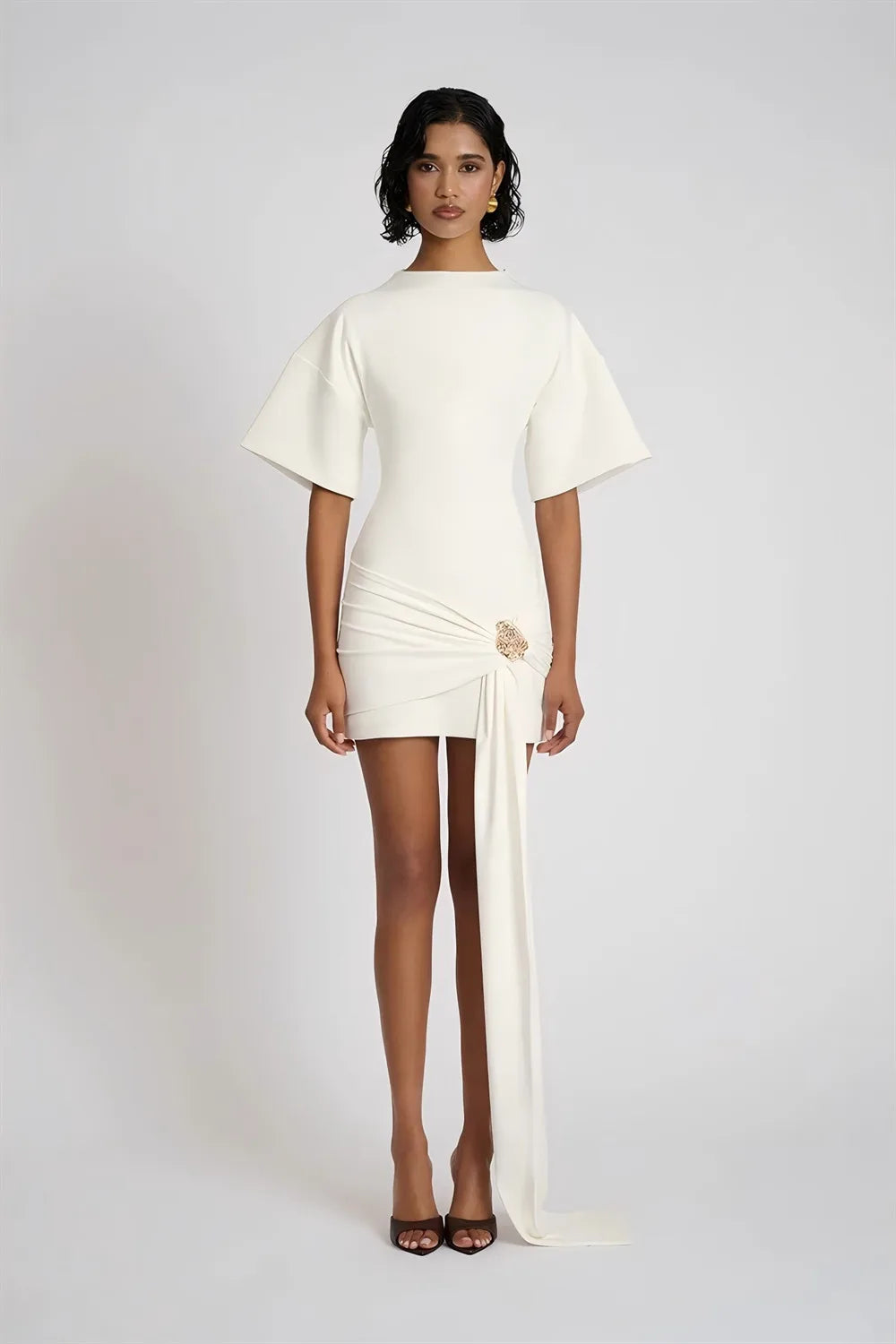 Apprabant Women Buckle Ruched Ribbon Mini Dress O-Neck Metal Short Sleeve Solid Color Silm Bodycon Short Dress Casual Partywear
