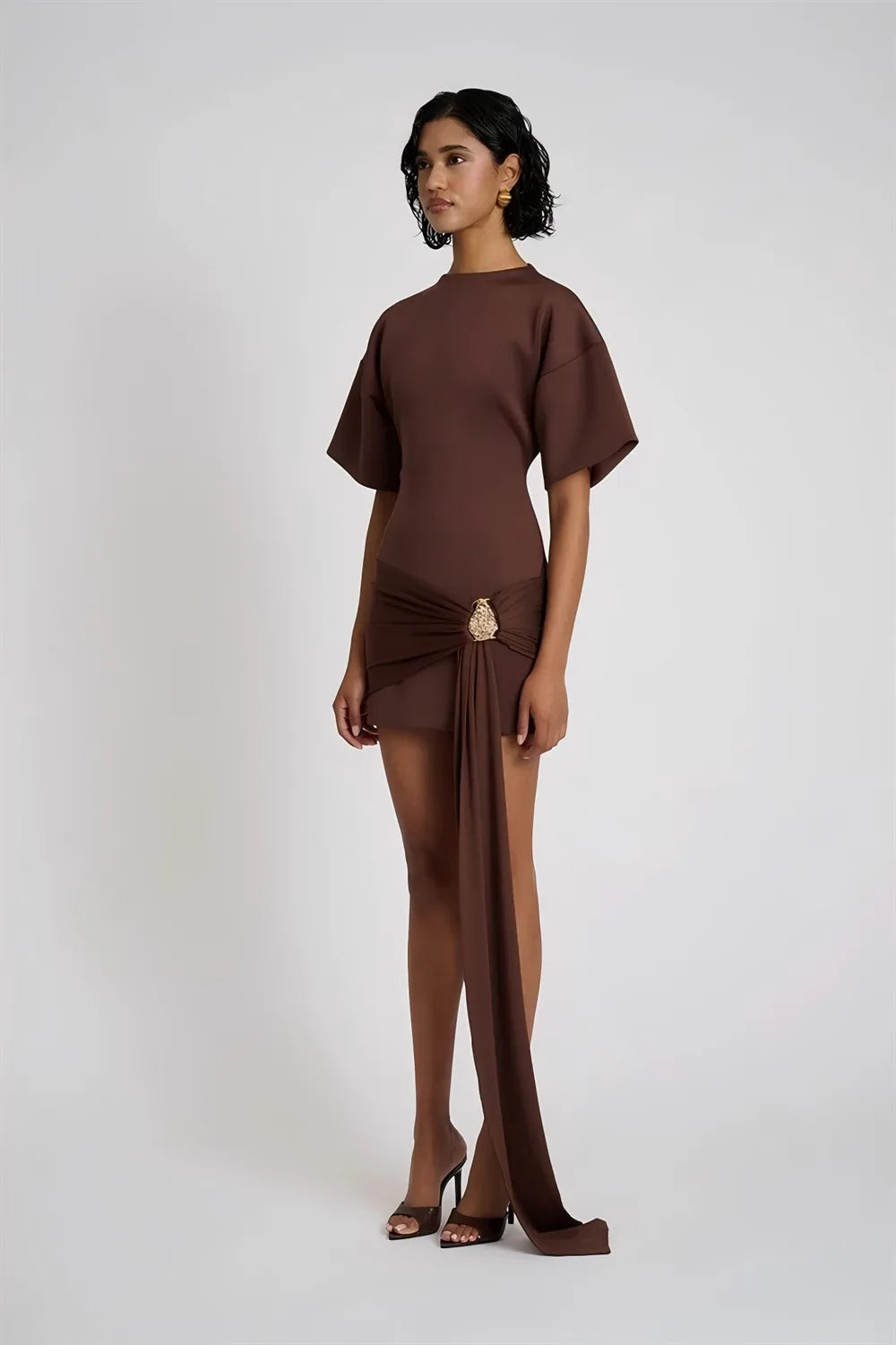 Apprabant Women Buckle Ruched Ribbon Mini Dress O-Neck Metal Short Sleeve Solid Color Silm Bodycon Short Dress Casual Partywear