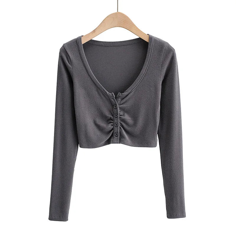 sommer Sexy Frauen Crop Tops Langarm T-shirt Clubwear Tasten Solide T Shirt Frauen Schwarz Weiß Schlank Tops