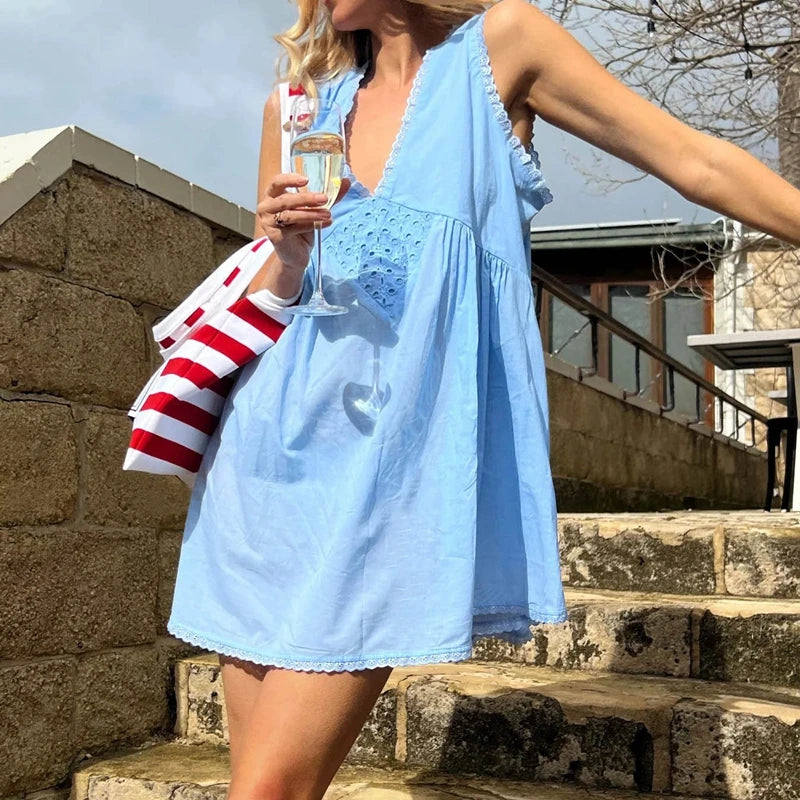 Ausgehen Boho Coquette A-Linie Kleid Damen Spitzenbesatz V-Ausschnitt Minikleid Y2k 90er Jahre Vintage Ästhetisches Sommer Fließendes Swingkleid