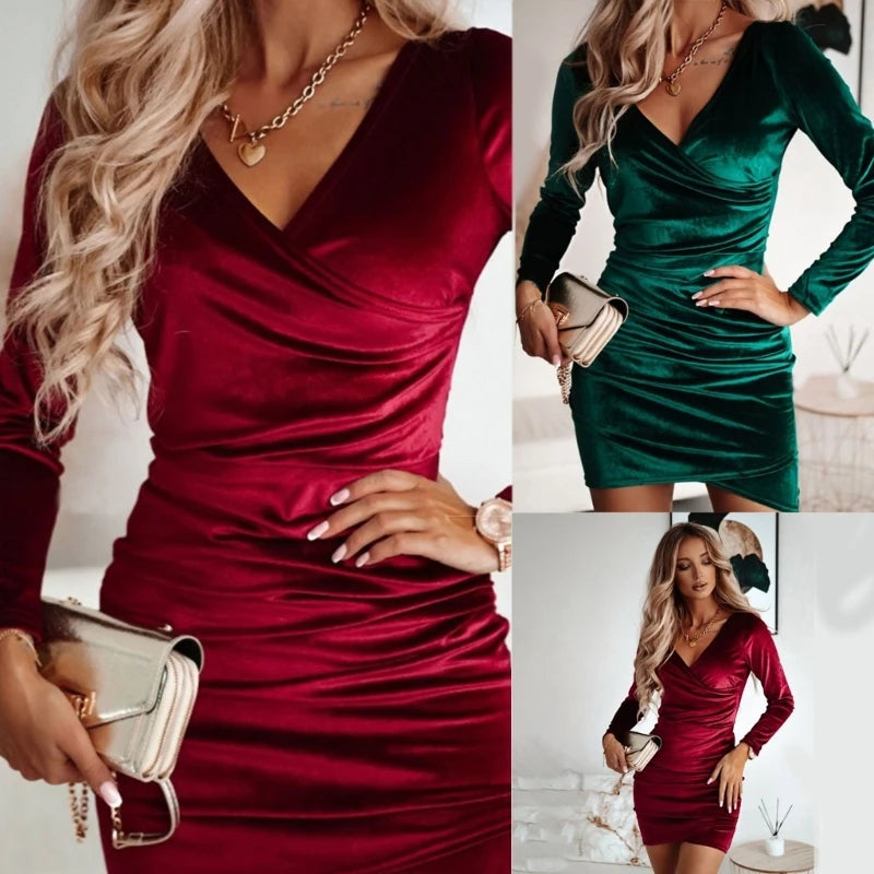 Weihnachten Party Kleid Formale Langarm Party Kleid Samt Bodycon Kleider V Neck Cocktail Party Kleid