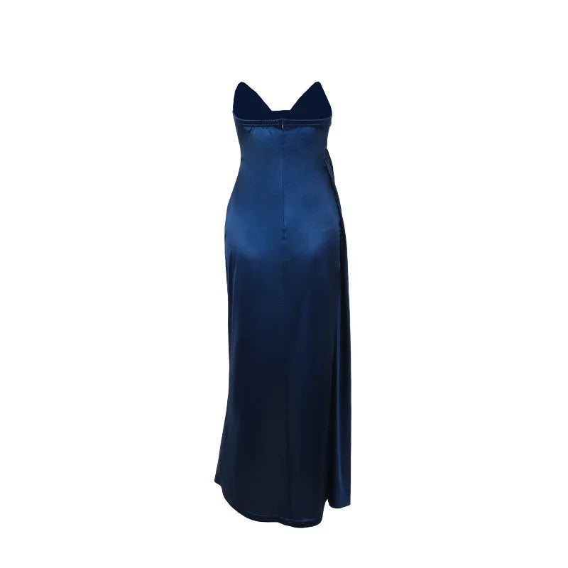 Elegantes Trägerloses Einfarbiges Abendkleid Schickes Satin-Korsettkleid für Damen V-Ausschnitt Geschlitztes Blaues Langes Kleid Damen Sommer-Partykleid