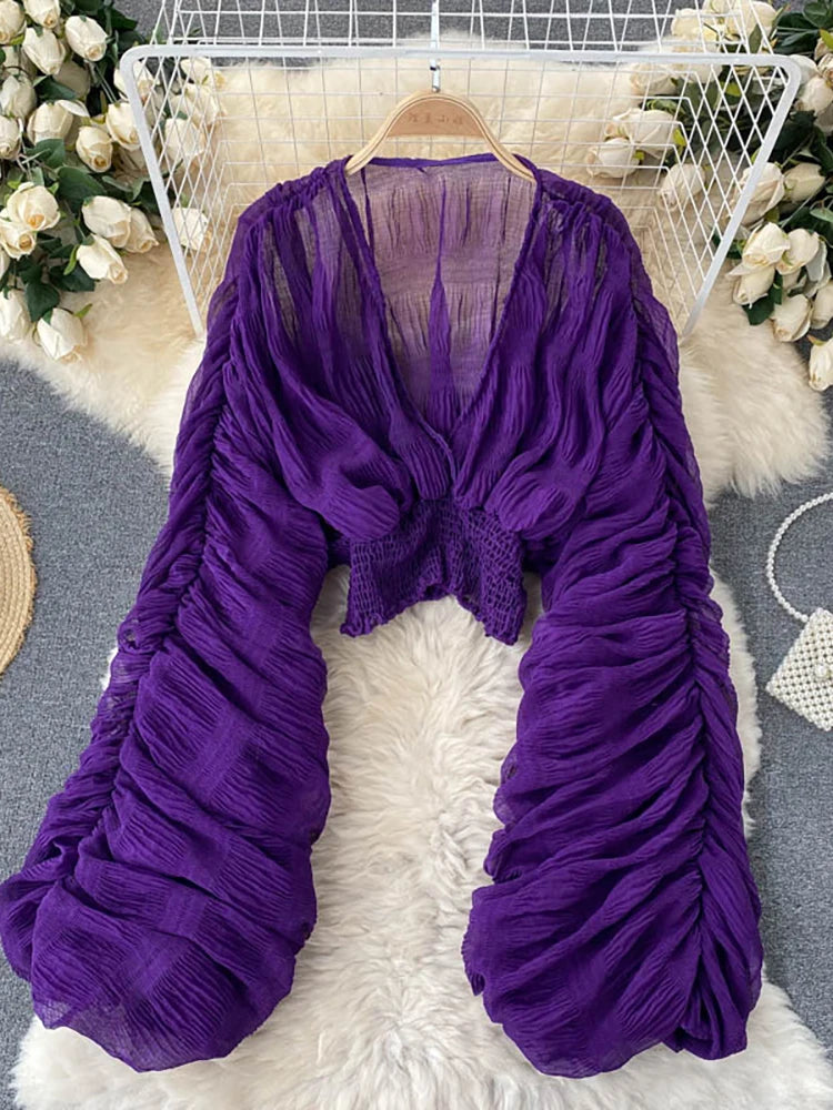 Sommer Sexy Drapierte Chiffon Bluse Für Frauen Elegante V-ausschnitt Puff Langarm Kurze Tops Weibliche Dünne Party Shirts 2022 Neue Mode