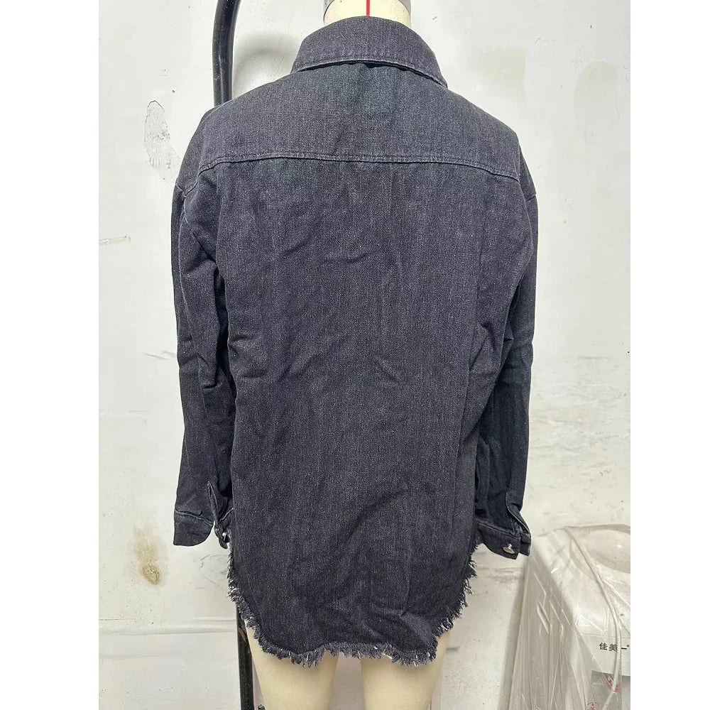 Gewaschene Denim Jacke Frauen Herbst Quaste Revers Jeans Jacke Weibliche Casual Lose Langarm Einreiher Oberbekleidung Shirts Mantel