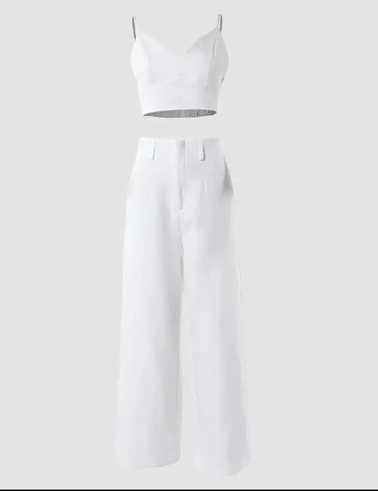 Sommer Sexy 2-teiliges Set Frauen V-ausschnitt Strap Geraffte Schlank Crop Top & Spitze-up Breite Bein Hosen Sets elegante Urlaub Dame Anzug